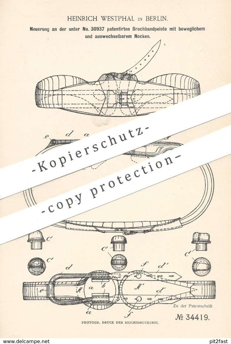 Original Patent - Heinrich Westphal , Berlin , 1885 , Bruchbandpelote | Bruchband - Pelote | Gesundheit , Medizin !! - Historische Dokumente