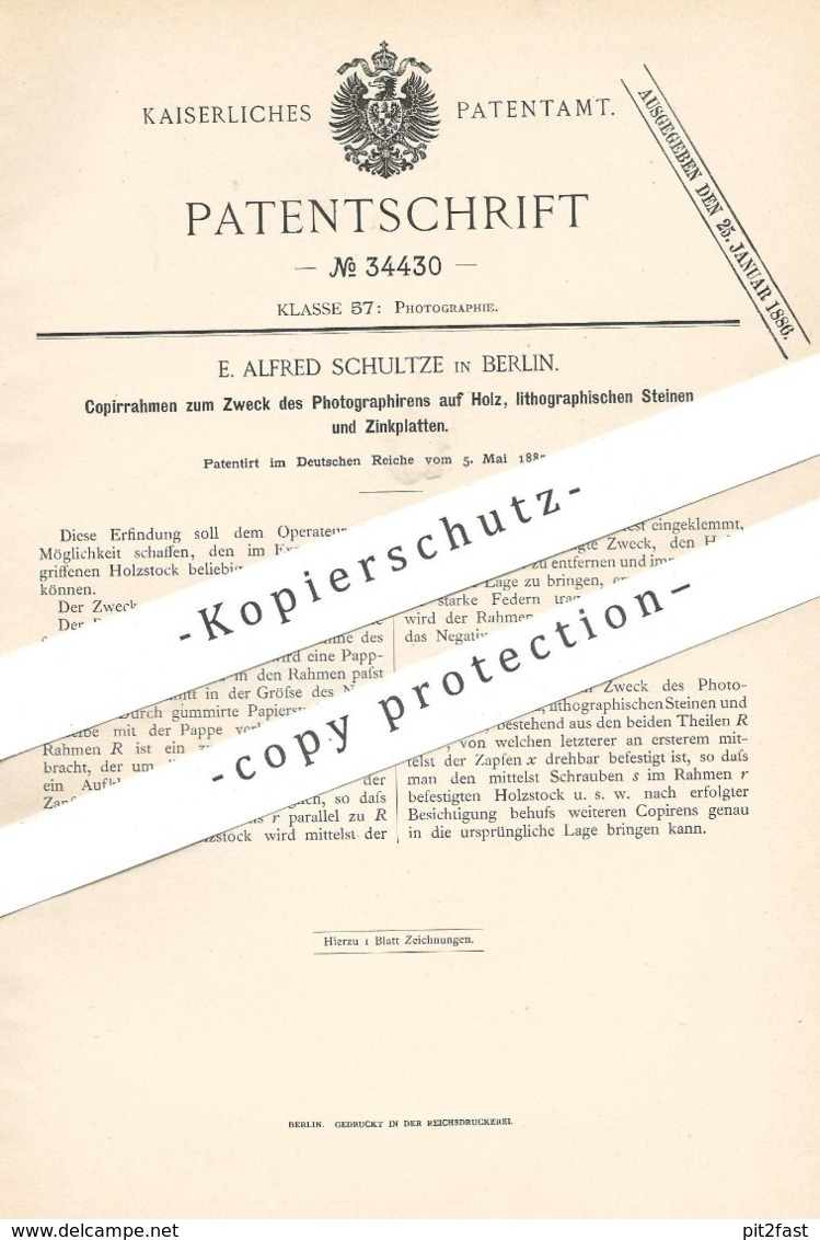 Original Patent - E. Alfred Schultze , Berlin , 1885 , Kopierrahmen Zum Fotografieren Auf Holz , Stein , Zinkplatten !! - Historische Dokumente