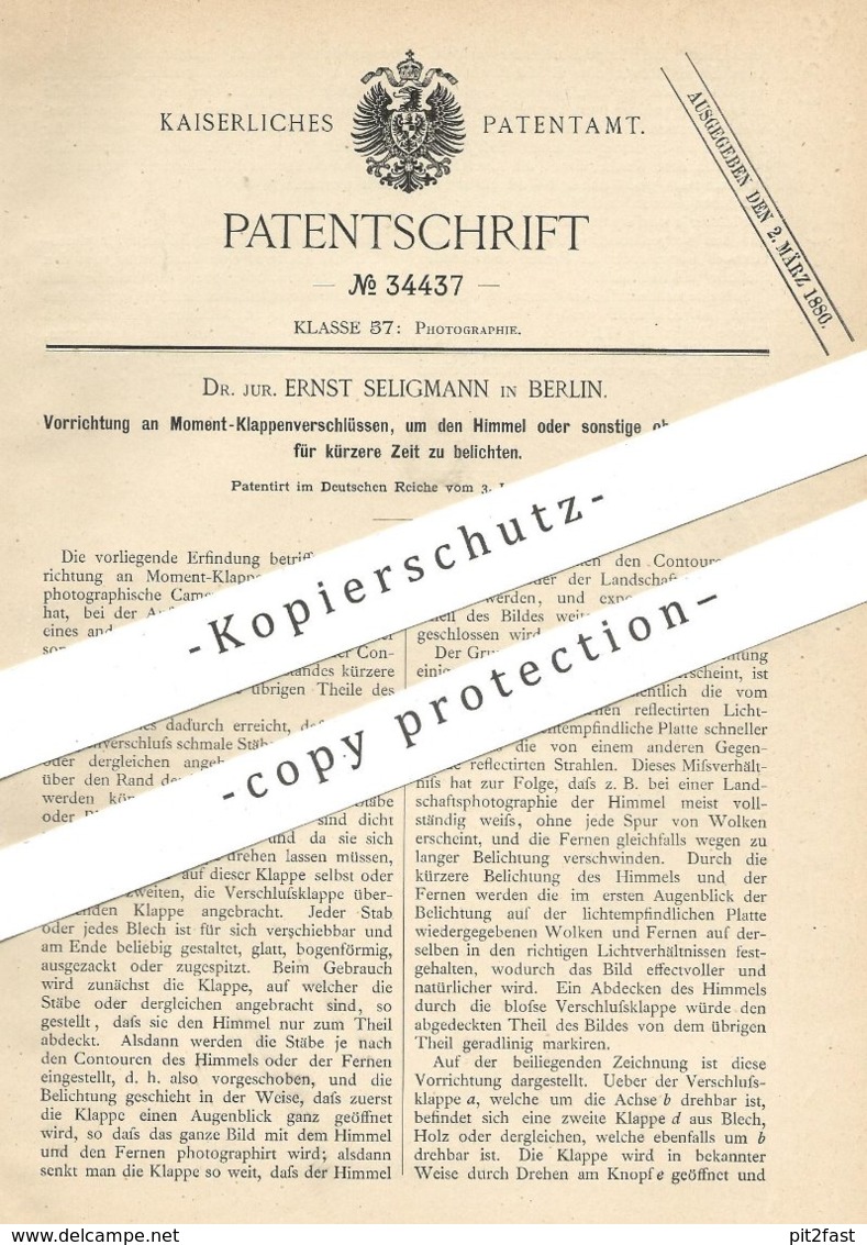 Original Patent - Dr. Jur. Ernst Seligmann , Berlin , 1885 , Moment - Klappenverschluss Zur Belichtung | Photography - Historische Dokumente