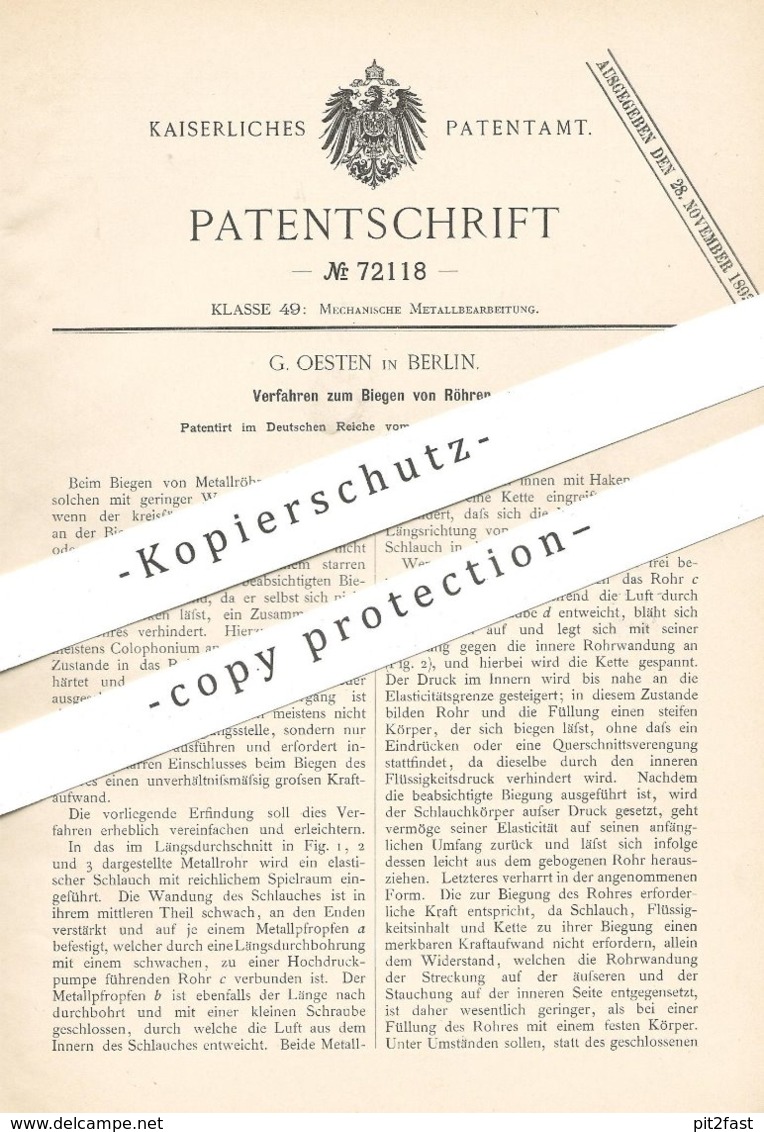 Original Patent - C. Oesten , Berlin , 1892 , Biegen Von Röhren | Rohr , Rohre , Röhre | Metall , Eisen | Klempner !! - Historische Dokumente