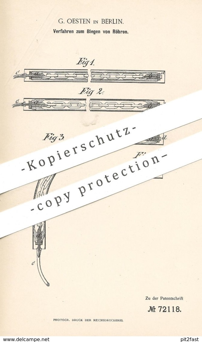 Original Patent - C. Oesten , Berlin , 1892 , Biegen Von Röhren | Rohr , Rohre , Röhre | Metall , Eisen | Klempner !! - Historische Dokumente