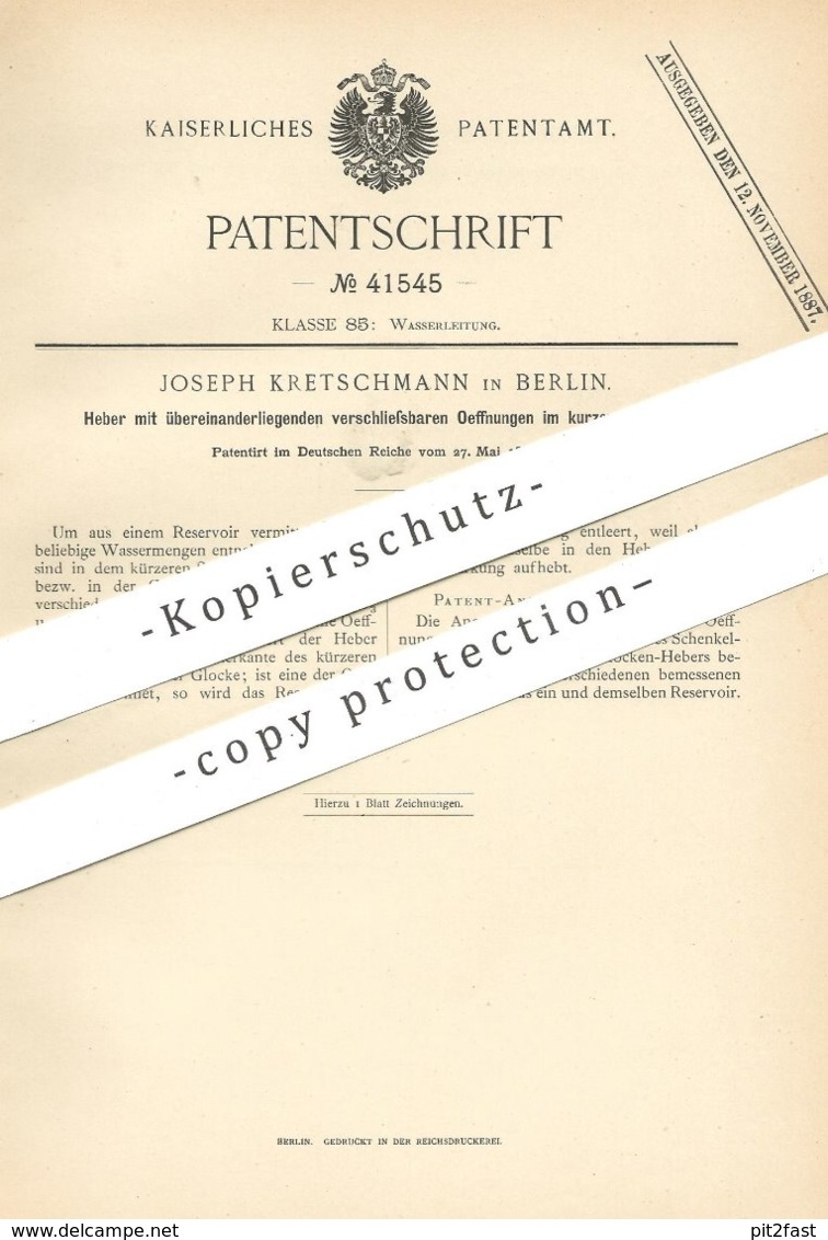 Original Patent - Joseph Kretschmann , Berlin , 1887 , Glockenheber , Heber | Toilette - Spülung , Kloset , WC , Wasser - Historische Dokumente