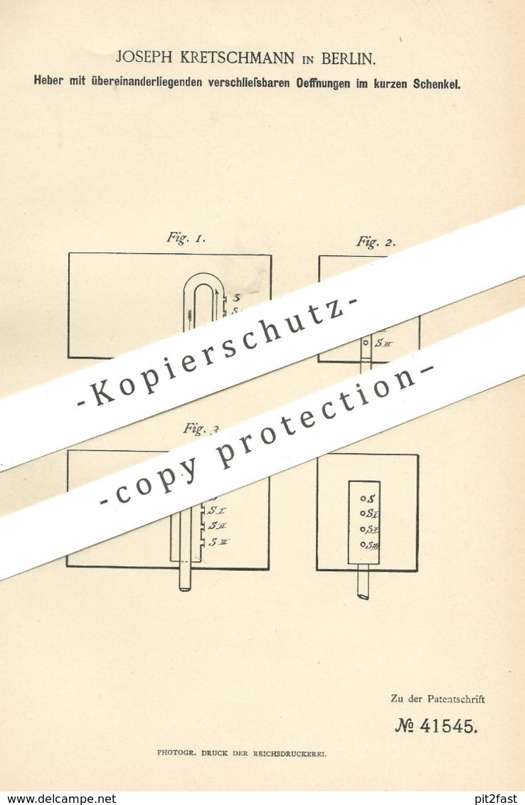 Original Patent - Joseph Kretschmann , Berlin , 1887 , Glockenheber , Heber | Toilette - Spülung , Kloset , WC , Wasser - Historische Dokumente