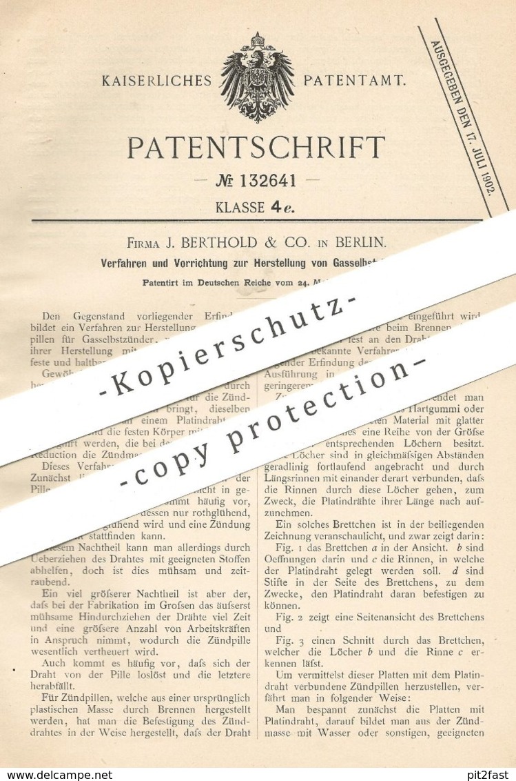 Original Patent - J. Berthold & Co. , Berlin , 1900 , Herst. Von Gasselbstzünder | Gas - Zünder | Zündung , Zündpillen ! - Historische Dokumente
