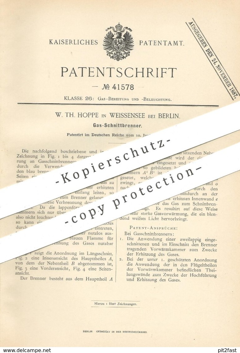 Original Patent - W. Th. Hoppe , Weissensee / Berlin , 1887 , Gas - Schnittbrenner | Brenner , Gasbrenner , Licht !!! - Historical Documents