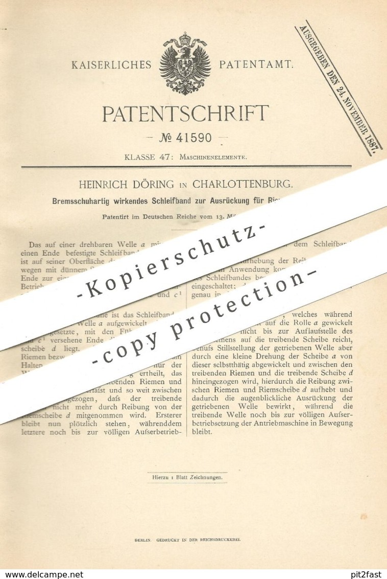 Original Patent - Heinrich Döring , Berlin / Charlottenburg | Schleifband Zur Ausrückung Für Riemengetriebe | Getriebe ! - Historische Dokumente