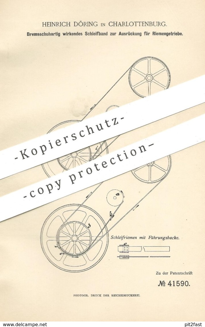 Original Patent - Heinrich Döring , Berlin / Charlottenburg | Schleifband Zur Ausrückung Für Riemengetriebe | Getriebe ! - Historische Dokumente