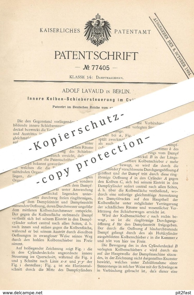 Original Patent - Adolf Lavaud , Berlin , 1893 , Kolben - Schiebersteuerung Im Zylinderdeckel | Dampfmaschine !! - Historische Dokumente