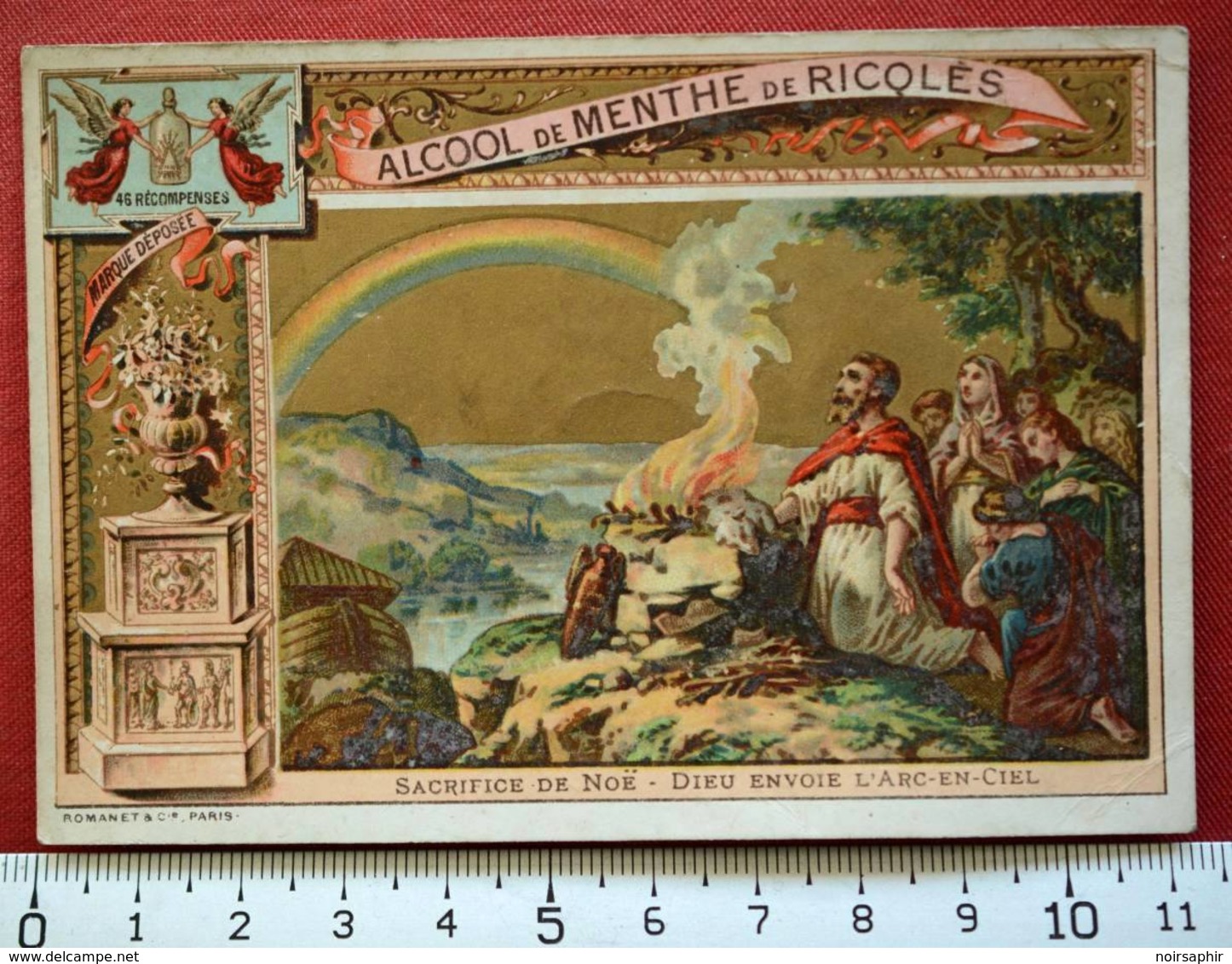 RICQLÈS CHROMO 1886 IMAGE SACRIFICE NOË ARC-EN-CIEL BIBLE CATECHISME PUB PUBLICITÉ ALCOOL DE MENTHE ROMANET PARIS - Other & Unclassified