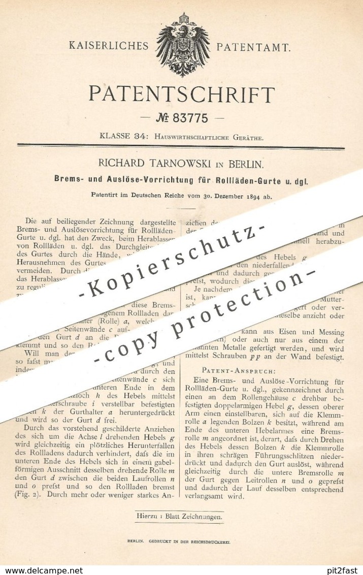 Original Patent - Richard Tarnowski , Berlin , 1894 , Brems- Und Auslöse-Vorrichtung Für Rollläden - Gurte | Rollladen ! - Historische Dokumente