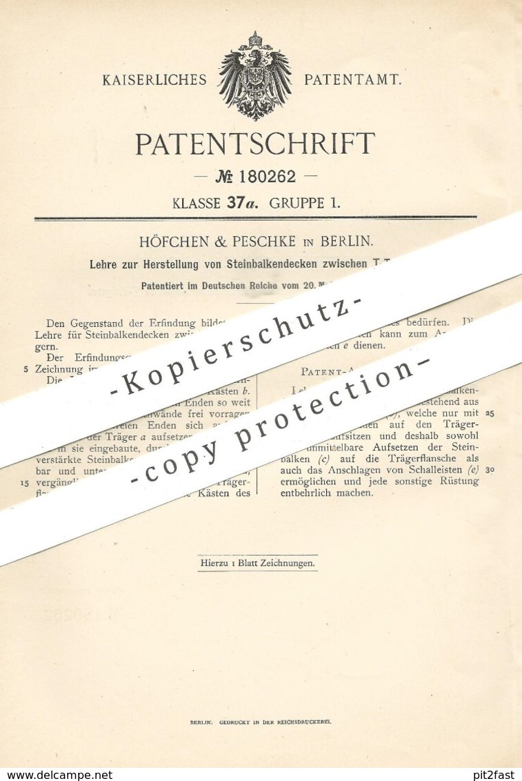 Original Patent - Höfchen & Peschke , Berlin , 1905 , Lehre Zur Herst. Von Steinbalkendecken | Balken , Bau , Messlehre - Historische Dokumente