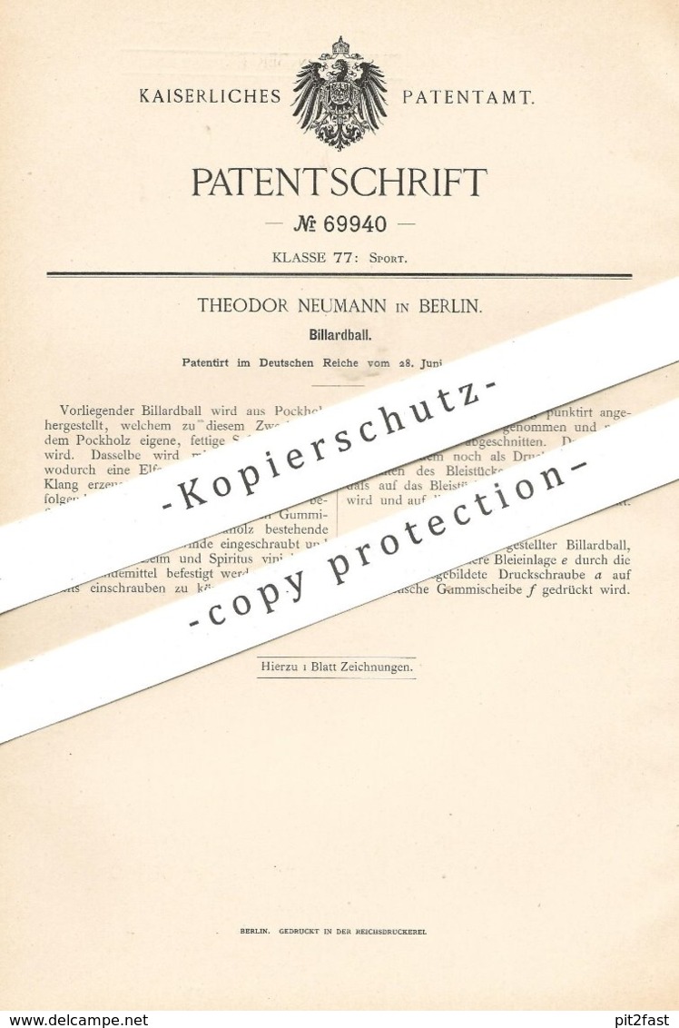 Original Patent - Theodor Neumann , Berlin , 1892 , Billardball , Billardkugel | Billard - Kugel | Pool , Sport , Ball - Historical Documents