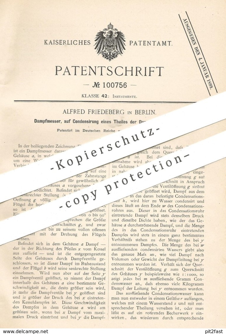 Original Patent - Alfred Friedeberg , Berlin , 1898 , Dampfmesser | Kondensation , Dampfkessel , Dampfmaschine !! - Historische Dokumente