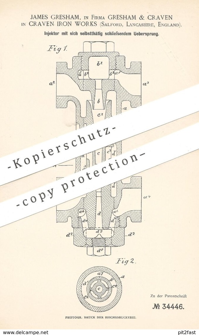 Original Patent - James Gresham , Gresham & Craven , Craven Iron Works , Salford , Lancashire , England 1885 | Injektor - Historische Dokumente