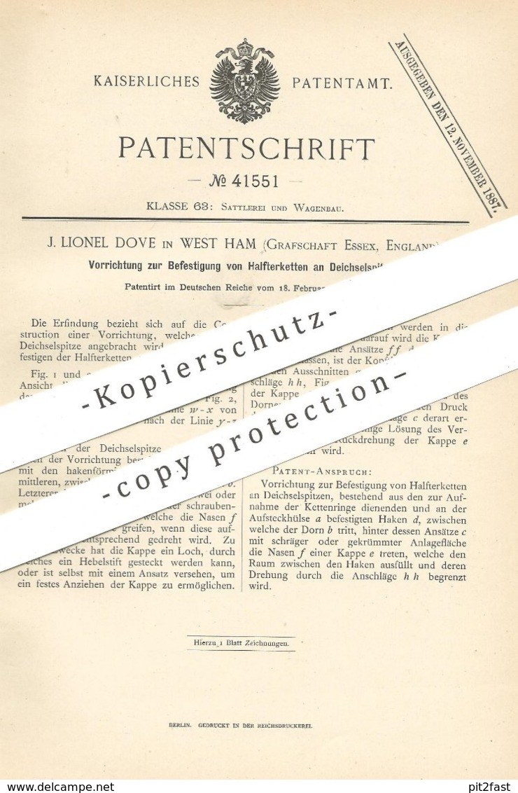 Original Patent - J. Lionel Dove , West Ham , Essex , England | Halfterketten An Deichselspitzen | Deichsel , Kutsche - Historische Dokumente