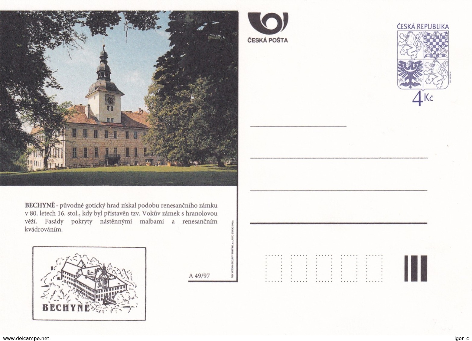 Czech Republic 1997 Postal Stationery Card: Architecture Castle Lion Eagle; BECHYNE A49/97; - Sonstige & Ohne Zuordnung