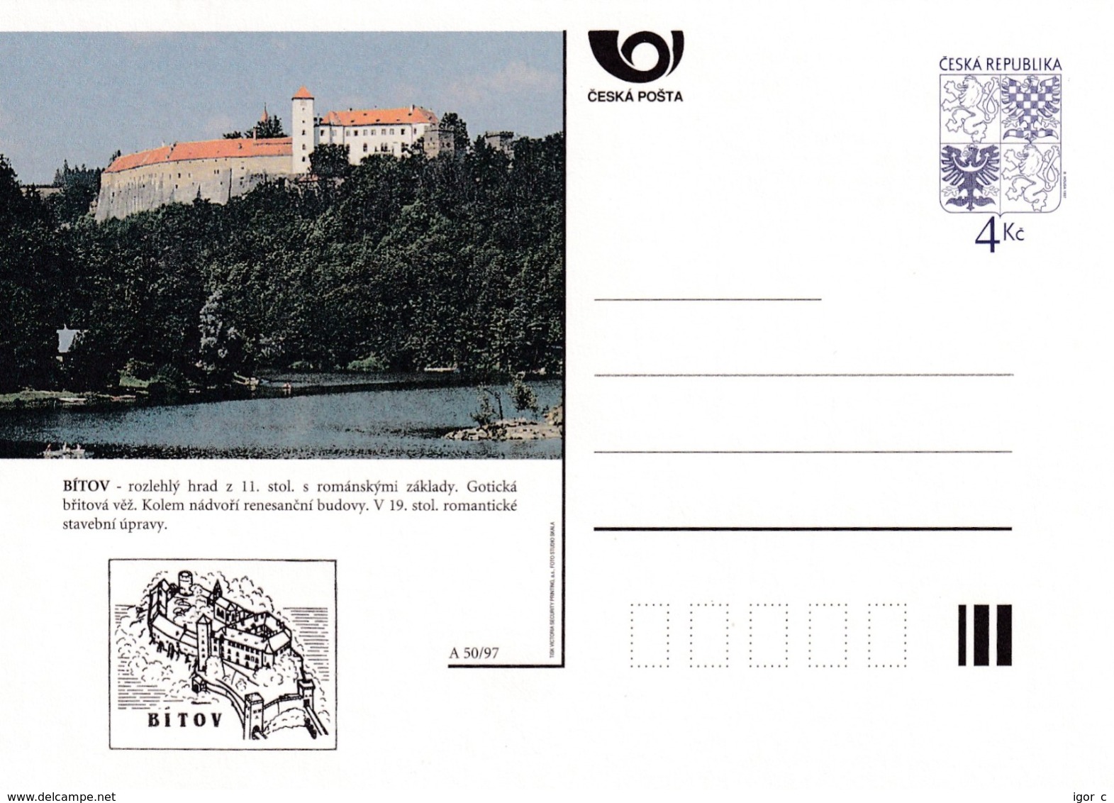 Czech Republic 1997 Postal Stationery Card: Architecture Castle Lion Eagle; BITOV A50/97; - Sonstige & Ohne Zuordnung