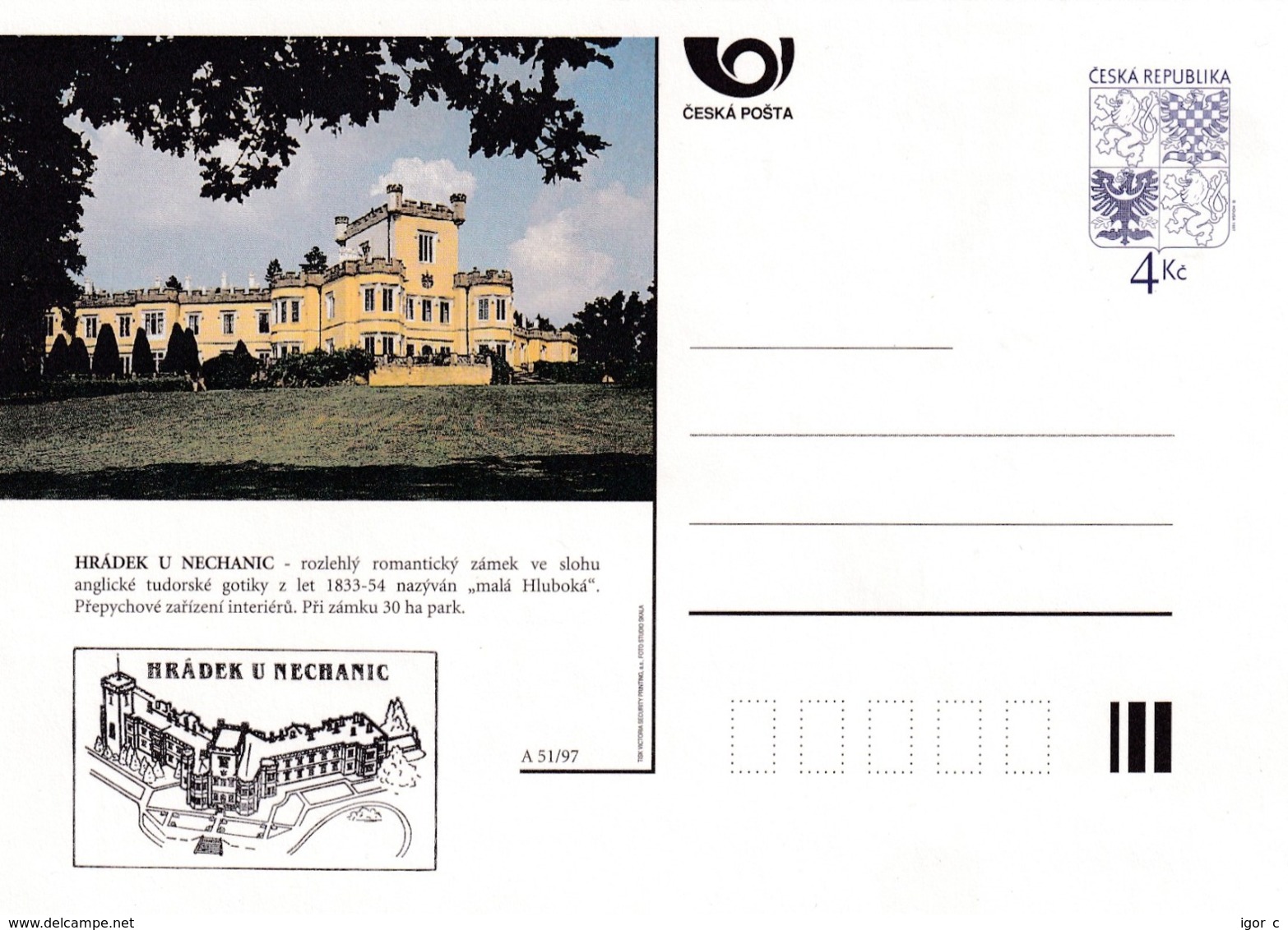 Czech Republic 1997 Postal Stationery Card: Architecture Castle Lion Eagle; HRADEK U NECHANIC A51/97; - Sonstige & Ohne Zuordnung