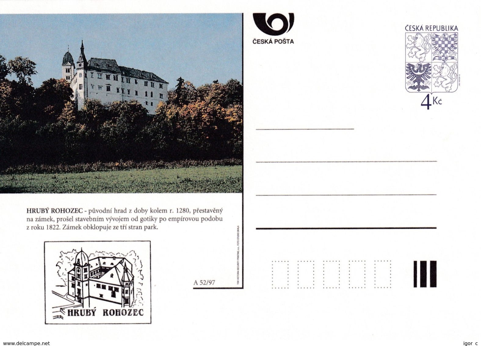 Czech Republic 1997 Postal Stationery Card: Architecture Castle Lion Eagle; HRUBY ROHOZEC A52/97; - Sonstige & Ohne Zuordnung