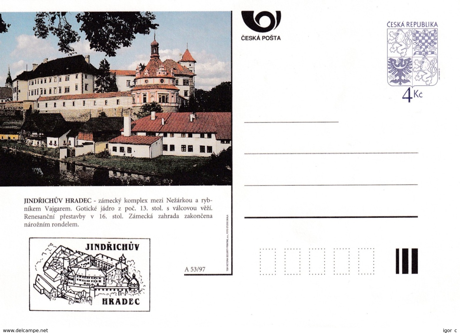 Czech Republic 1997 Postal Stationery Card: Architecture Castle Lion Eagle; JINRICHUV HRADEC A53/97; - Sonstige & Ohne Zuordnung