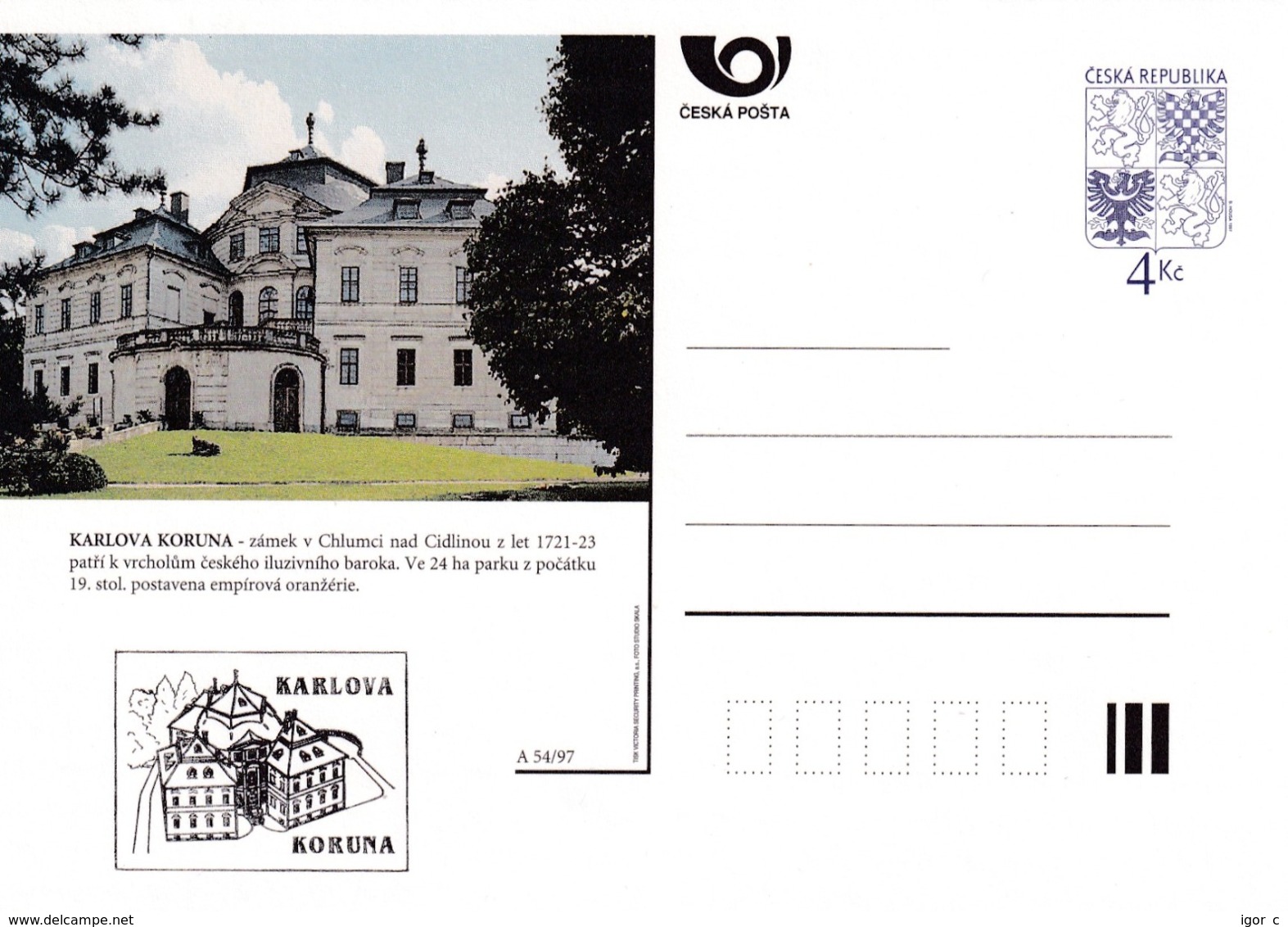 Czech Republic 1997 Postal Stationery Card: Architecture Castle Lion Eagle; KARLOVA KORUNA A54/97; - Sonstige & Ohne Zuordnung