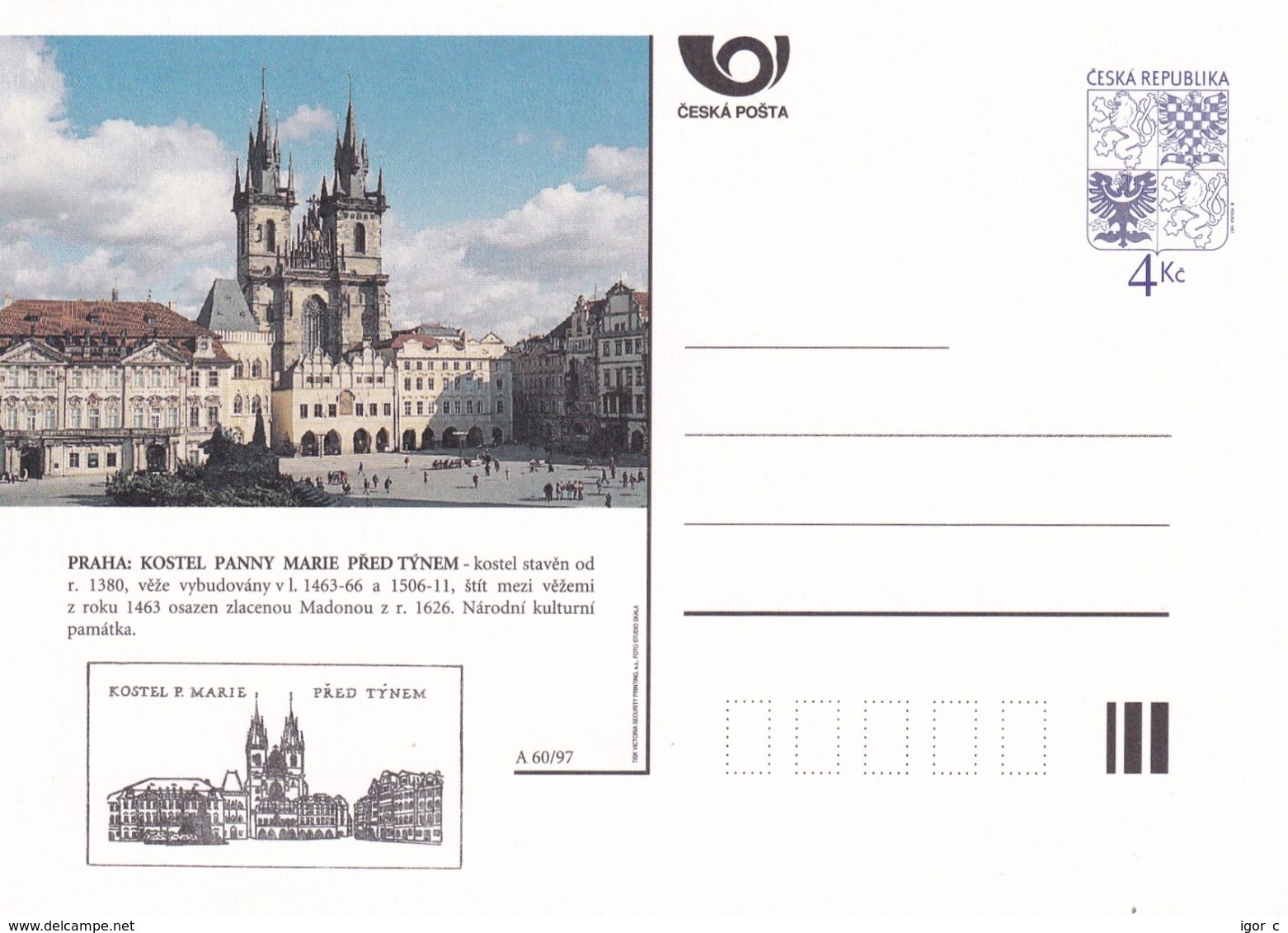 Czech Republic 1997 Postal Stationery Card: Architecture Castle Lion Eagle; PRAHA KOSTEL PANNY MARIE PRED TYNEM A60/97; - Sonstige & Ohne Zuordnung