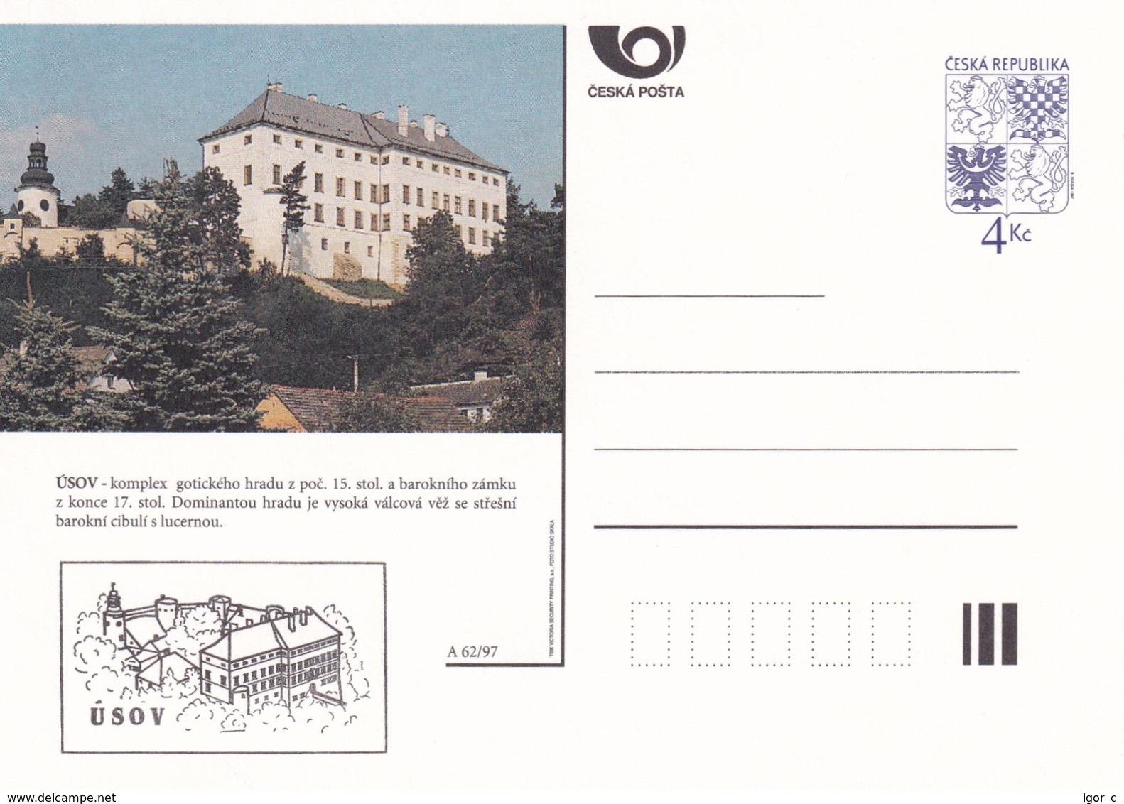 Czech Republic 1997 Postal Stationery Card: Architecture Castle Lion Eagle; USOV A62/97; - Sonstige & Ohne Zuordnung