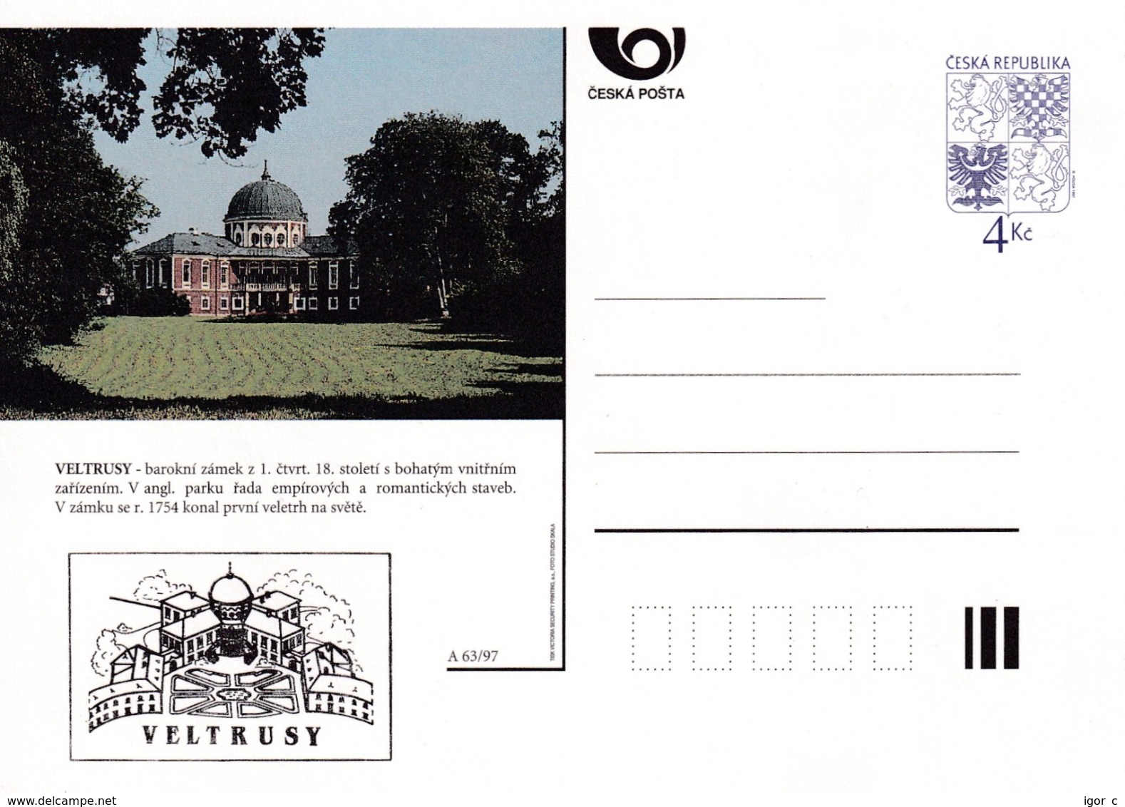 Czech Republic 1997 Postal Stationery Card: Architecture Castle Lion Eagle; VELTRUSY A63/97; - Sonstige & Ohne Zuordnung