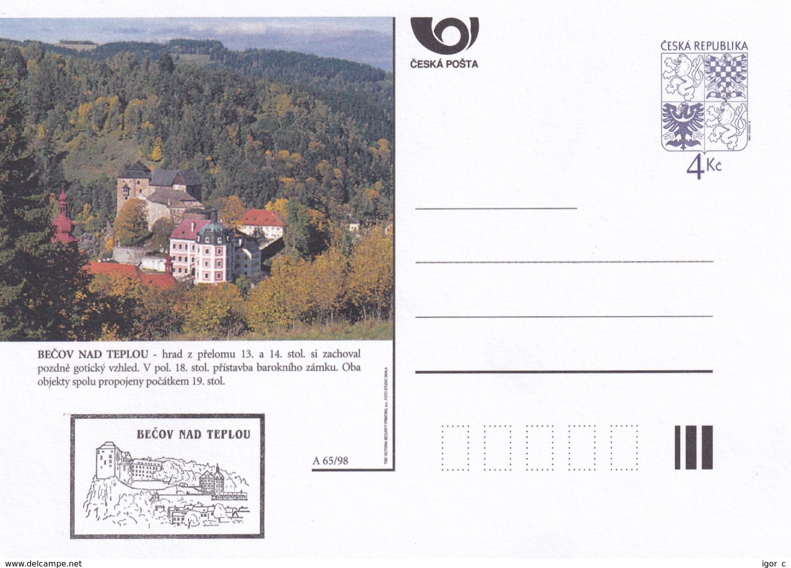 Czech Republic 1998 Postal Stationery Card: Architecture Castle Lion Eagle; BECOV NAD TEPLOU A65/98; - Sonstige & Ohne Zuordnung