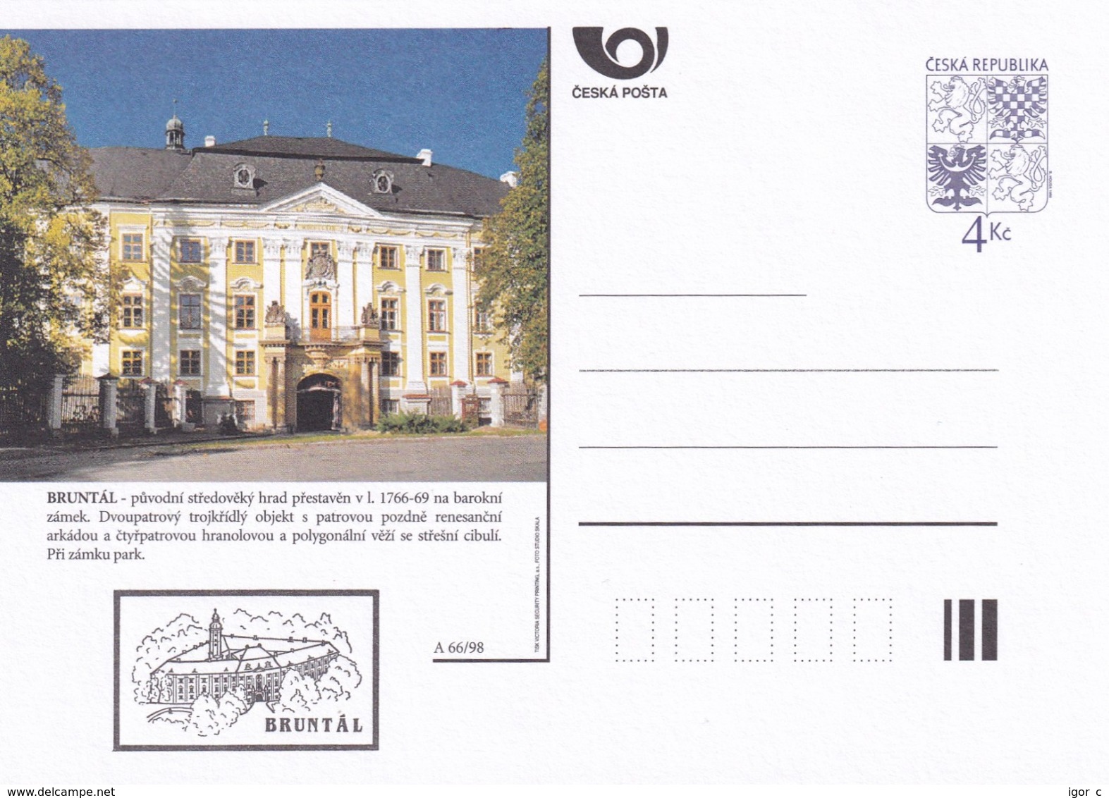 Czech Republic 1998 Postal Stationery Card: Architecture Castle Lion Eagle; BRUNTAL A66/98; - Sonstige & Ohne Zuordnung