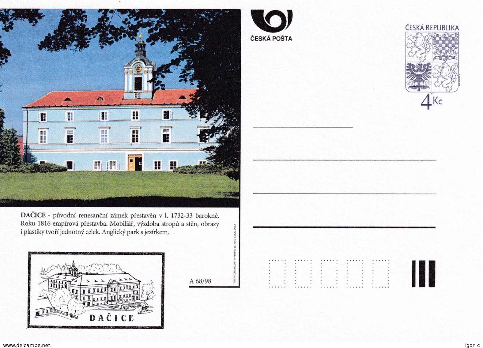 Czech Republic 1998 Postal Stationery Card: Architecture Castle Lion Eagle; DACICE A68/98; - Sonstige & Ohne Zuordnung