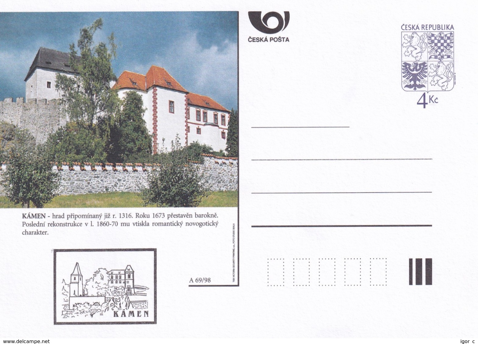 Czech Republic 1998 Postal Stationery Card: Architecture Castle Lion Eagle; KAMEN A69/98; - Sonstige & Ohne Zuordnung