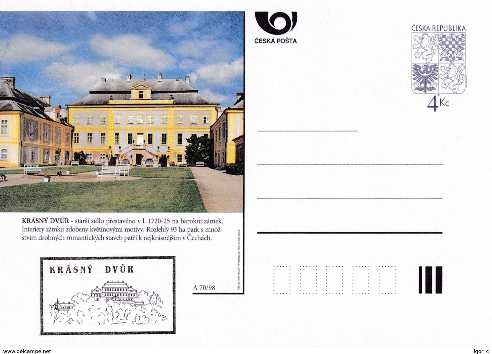 Czech Republic 1998 Postal Stationery Card: Architecture Castle Lion Eagle; KRASNY DVUR A70/98; - Sonstige & Ohne Zuordnung