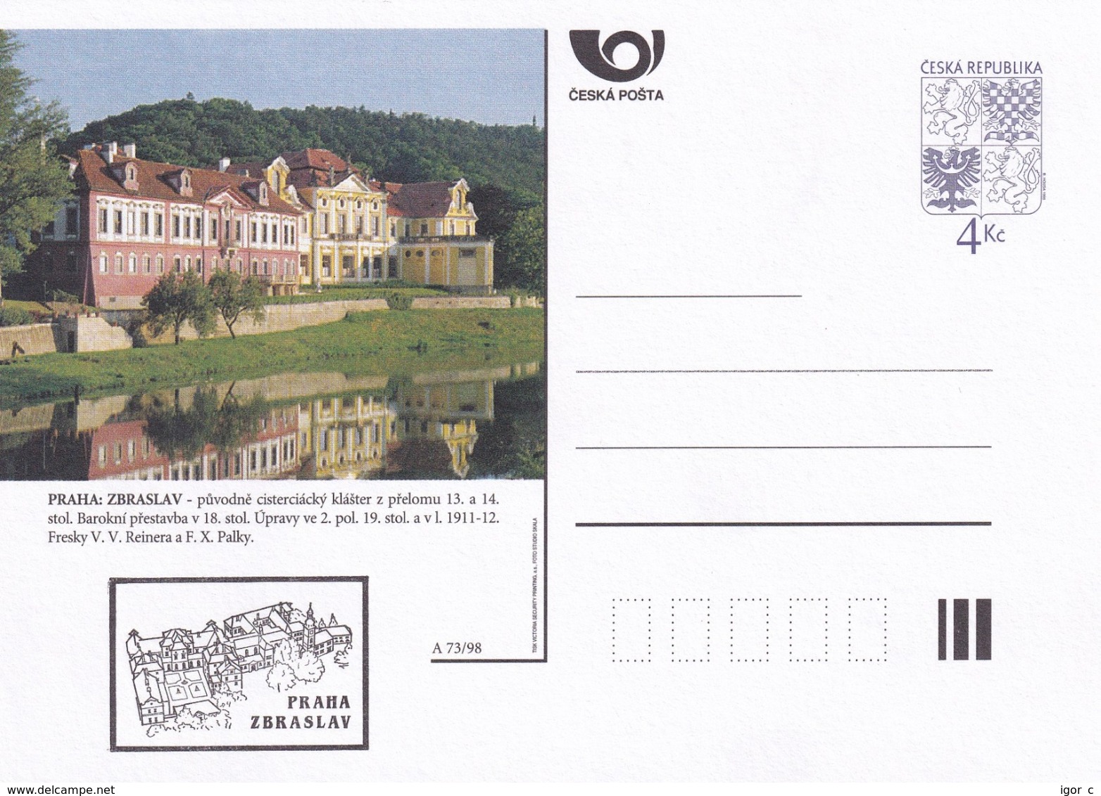 Czech Republic 1998 Postal Stationery Card: Architecture Castle Lion Eagle; PRAHA: ZBRASLAV A73/98; - Sonstige & Ohne Zuordnung