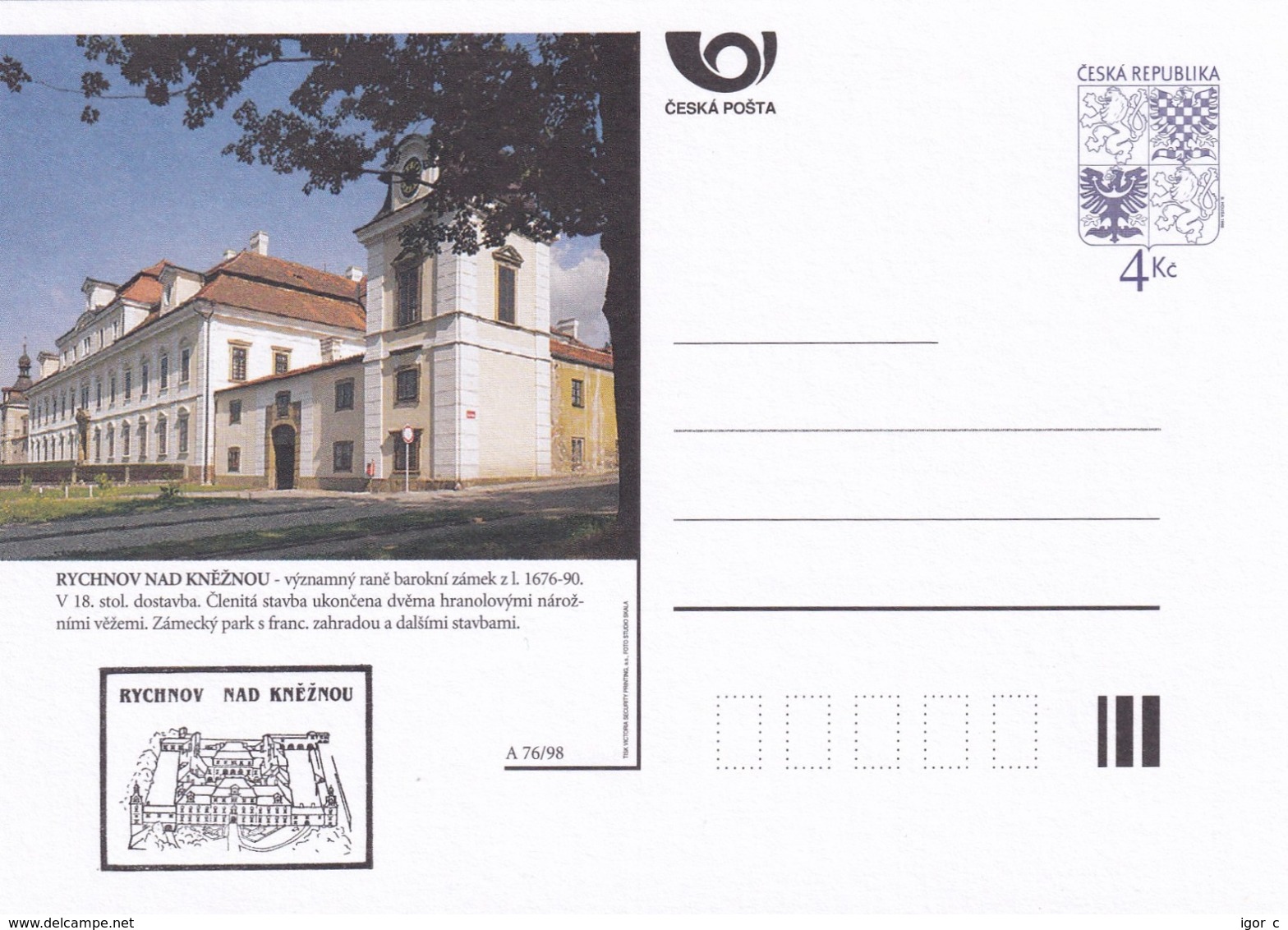 Czech Republic 1998 Postal Stationery Card: Architecture Castle Lion Eagle; RYCHNOV NAD KNEZNOU A76/98; - Sonstige & Ohne Zuordnung