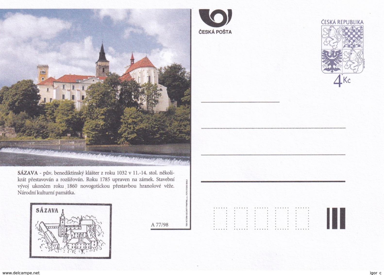 Czech Republic 1998 Postal Stationery Card: Architecture Castle Lion Eagle; SAZAVA A77/98; - Sonstige & Ohne Zuordnung