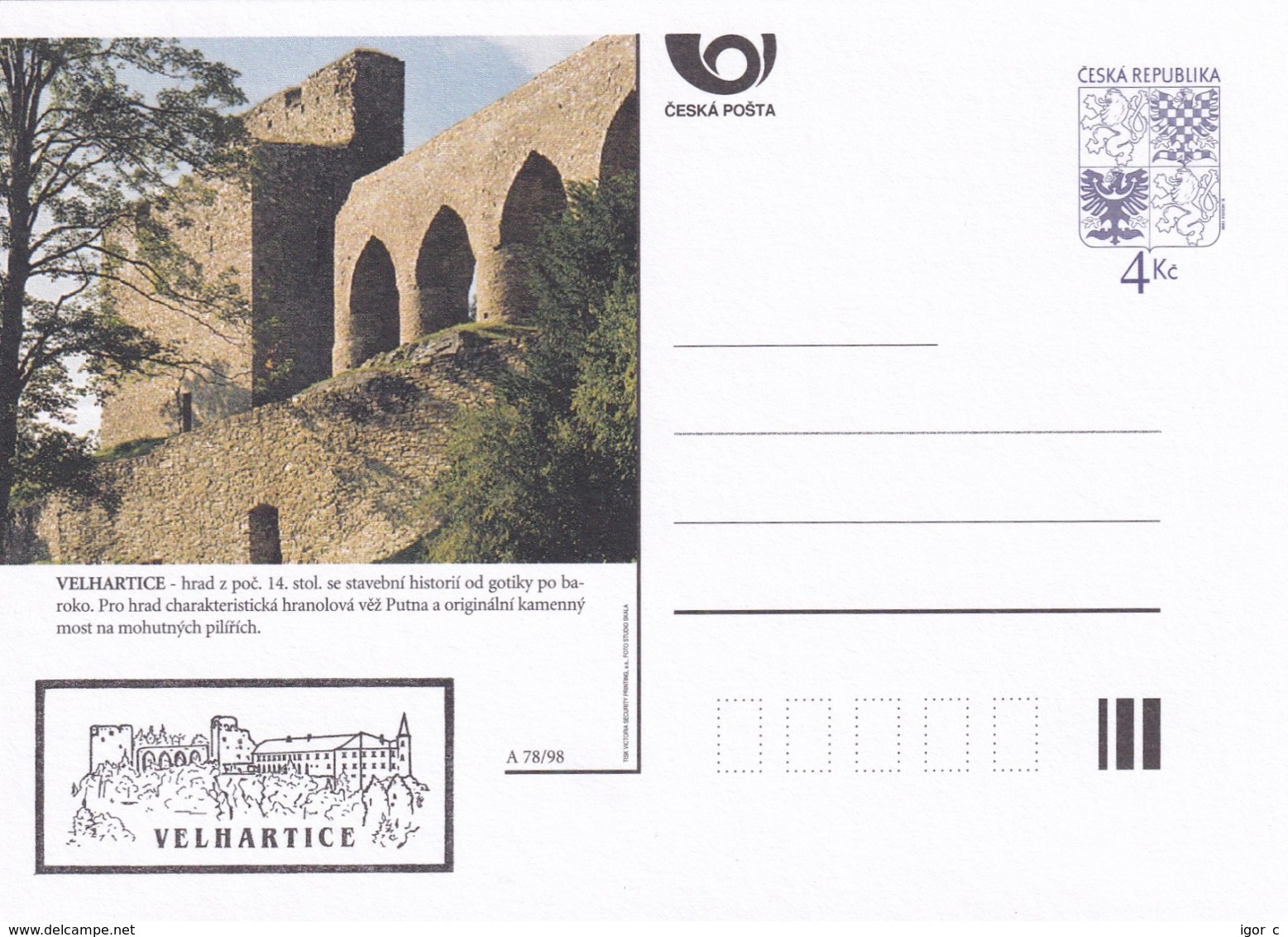 Czech Republic 1998 Postal Stationery Card: Architecture Castle Lion Eagle; VELHARTICE A78/98; - Sonstige & Ohne Zuordnung