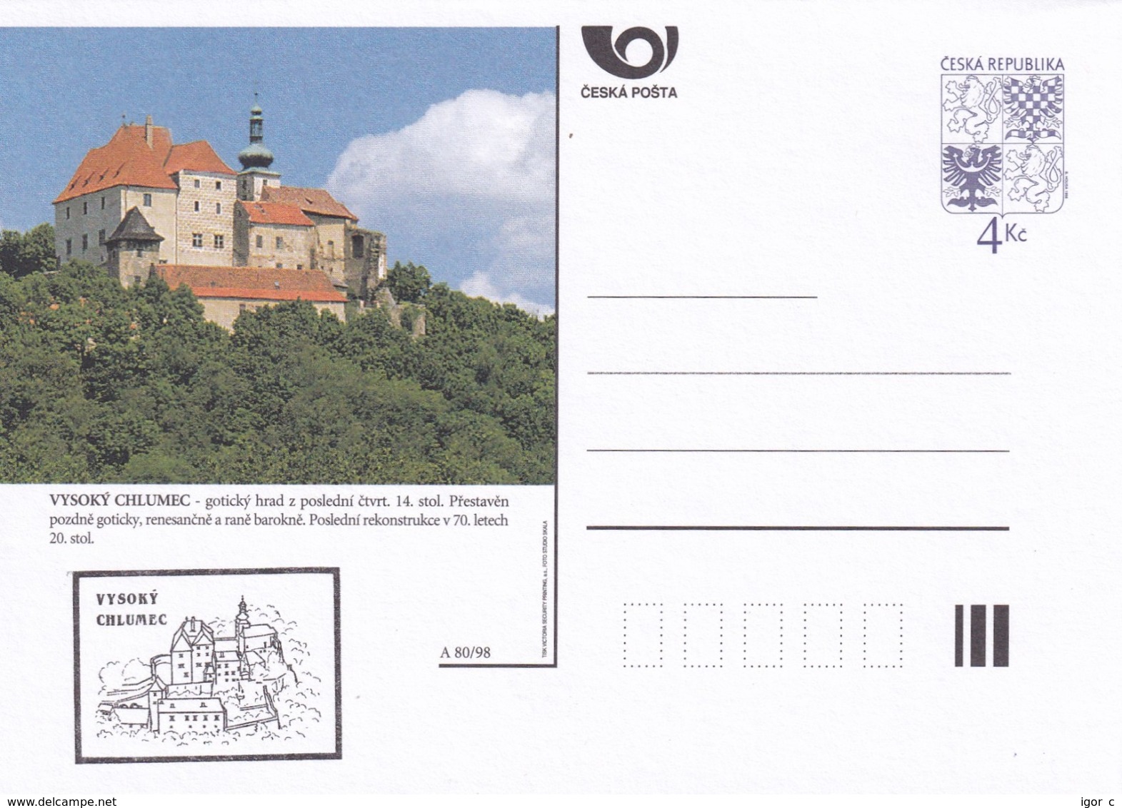 Czech Republic 1998 Postal Stationery Card: Architecture Castle Lion Eagle; VYSOKY CHLUMEC A80/98; - Sonstige & Ohne Zuordnung