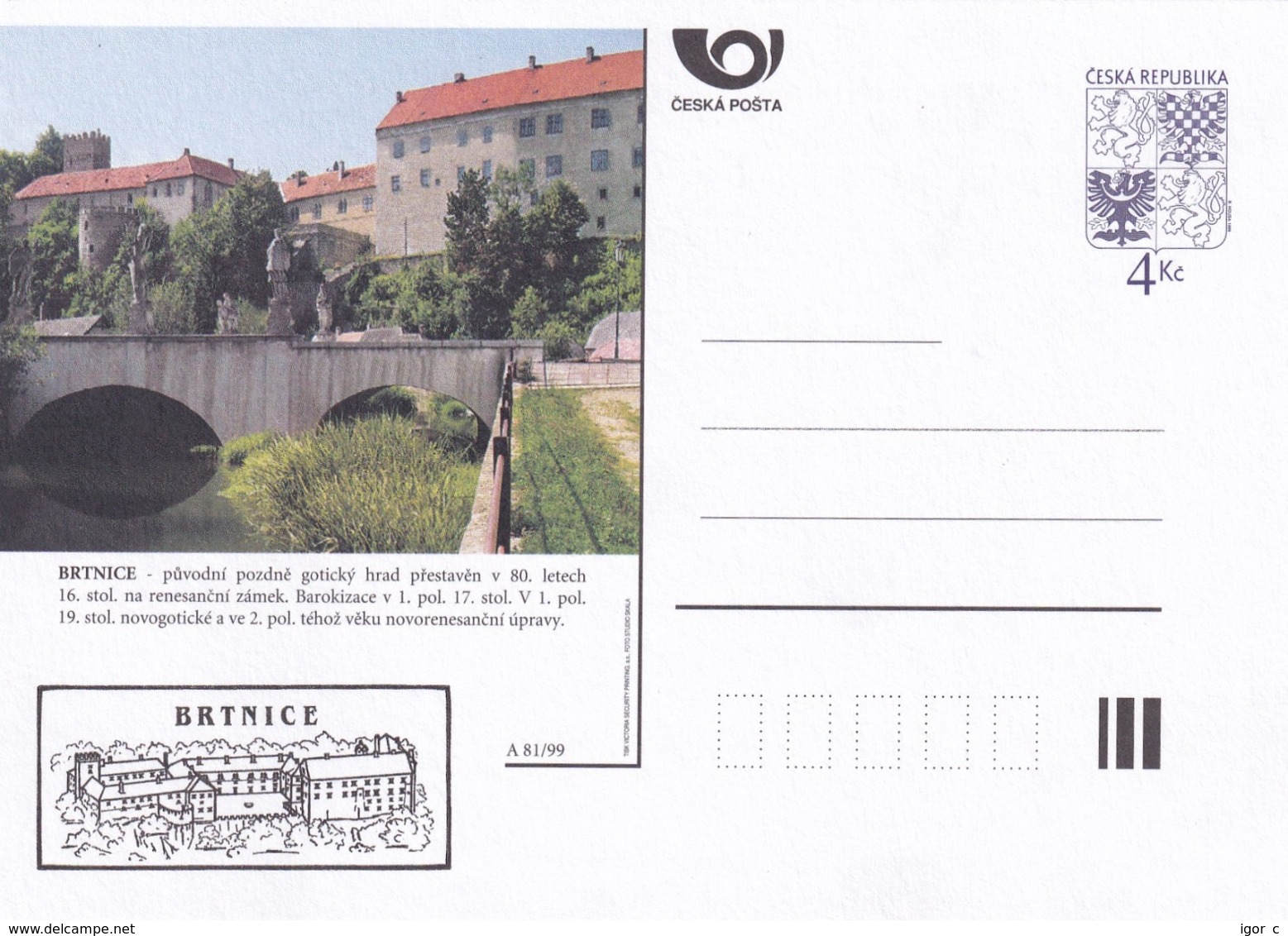 Czech Republic 1999 Postal Stationery Card: Architecture Castle Lion Eagle; BRTNICE A81/99; - Sonstige & Ohne Zuordnung