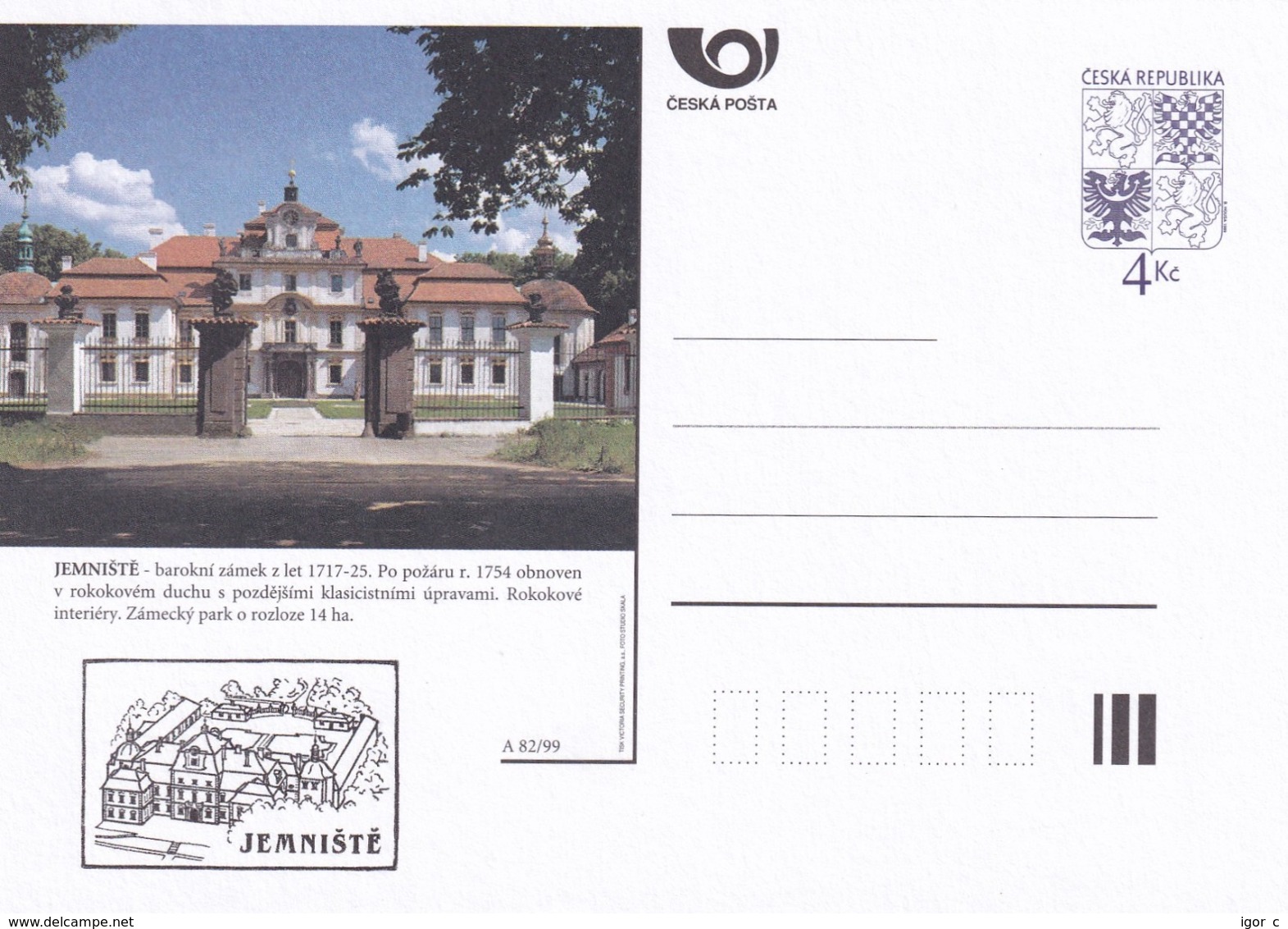 Czech Republic 1999 Postal Stationery Card: Architecture Castle Lion Eagle; JEMNISTE A82/99; - Sonstige & Ohne Zuordnung