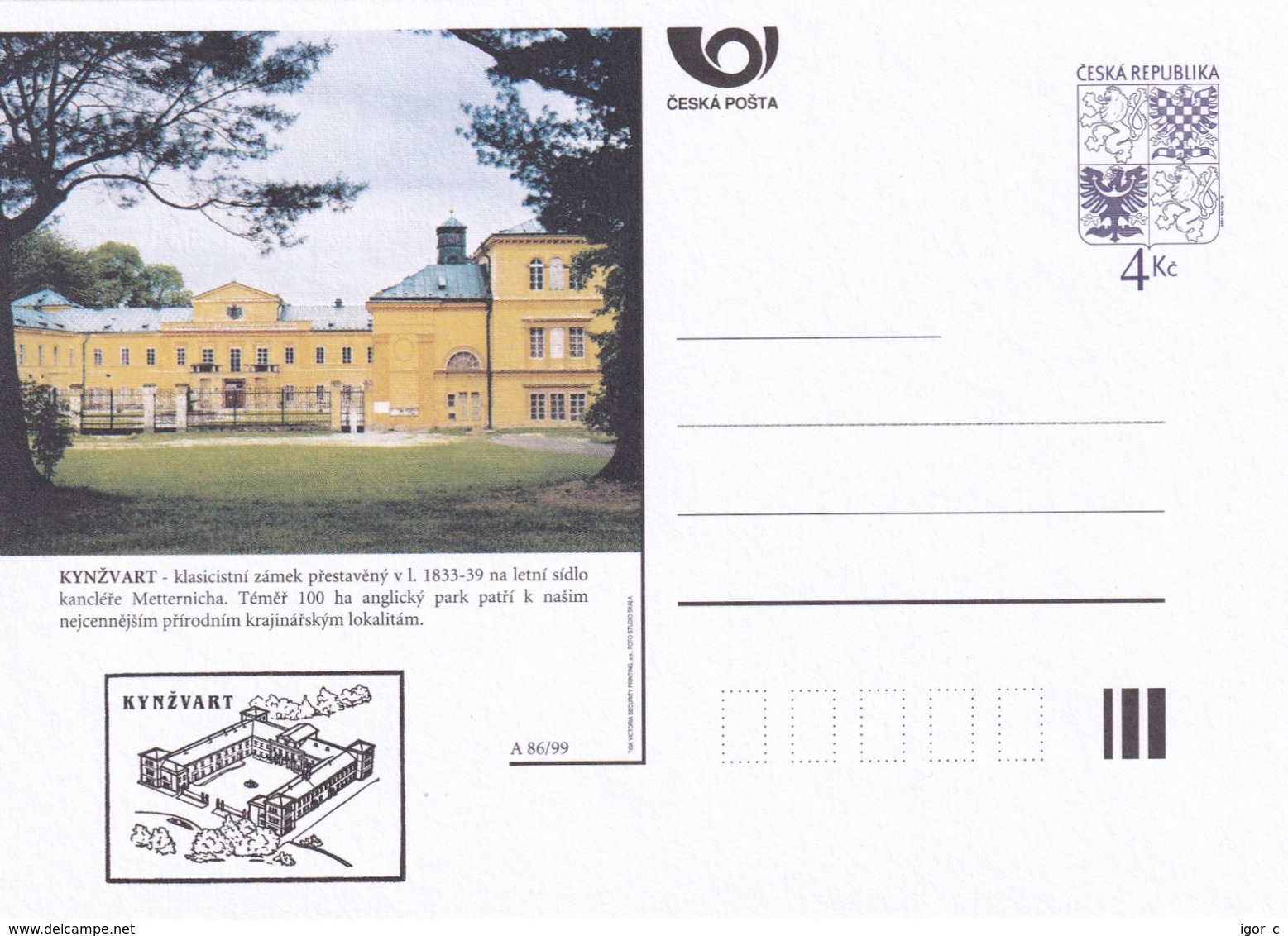 Czech Republic 1999 Postal Stationery Card: Architecture Castle Lion Eagle; KYNZVART A86/99; - Sonstige & Ohne Zuordnung