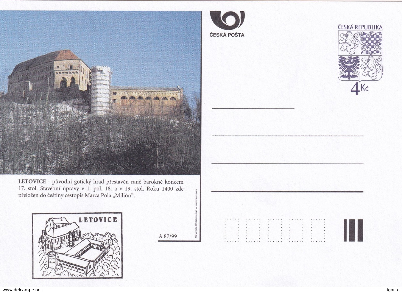 Czech Republic 1999 Postal Stationery Card: Architecture Castle Lion Eagle; LETOVICE A87/99; - Sonstige & Ohne Zuordnung