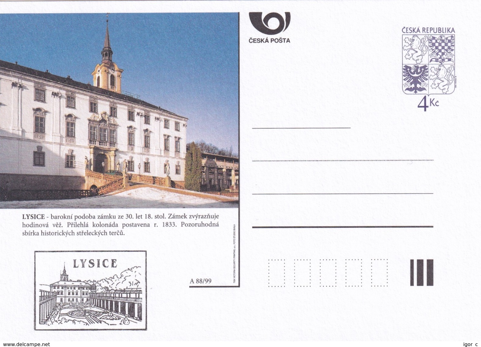 Czech Republic 1999 Postal Stationery Card: Architecture Castle Lion Eagle; LYSICE A88/99; - Sonstige & Ohne Zuordnung