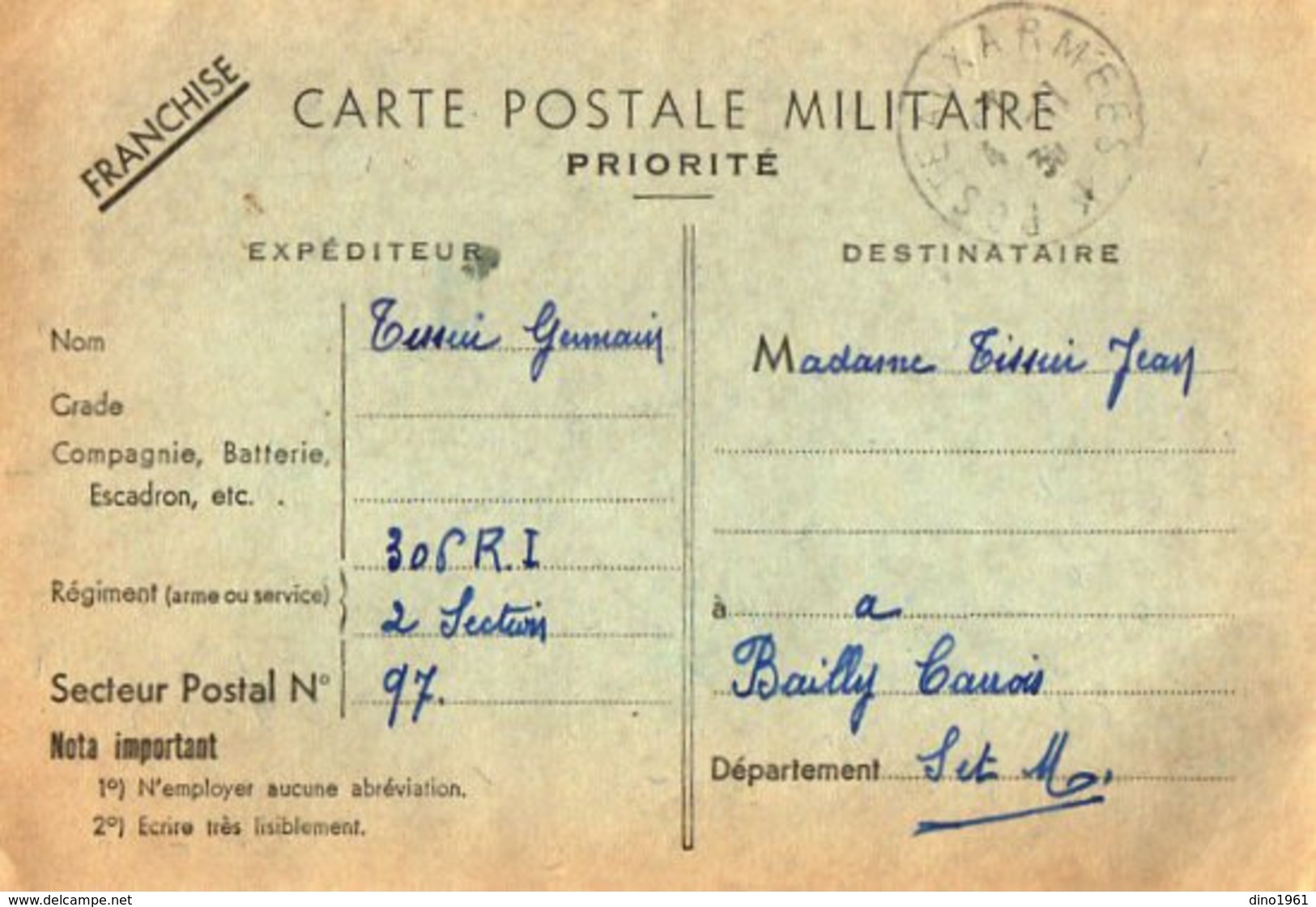 TB 2712 - MILITARIA - Carte En Franchise Militaire - Soldat G. TESSIER Au 306 ème Rgt D'Inf SP 97 Pour BAILLY - CARROIS - Lettres & Documents