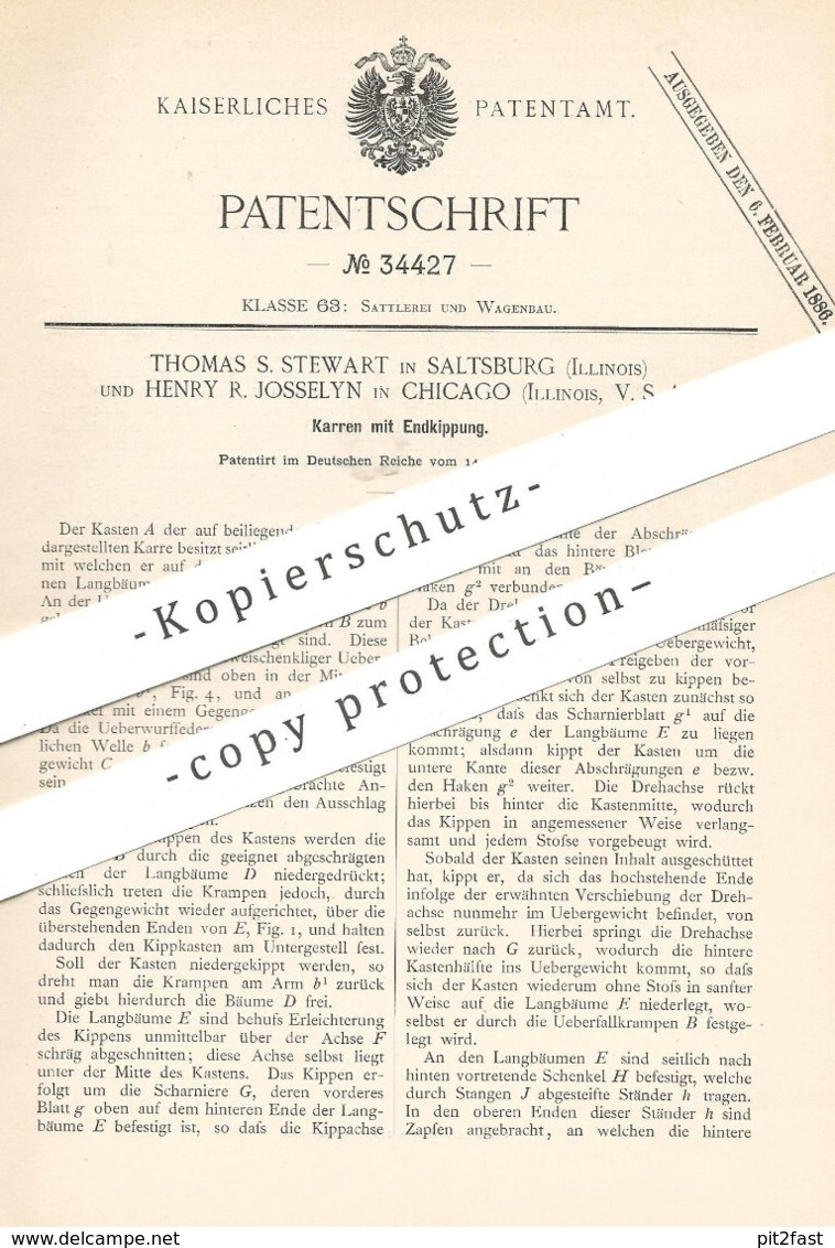 Original Patent - Thomas S. Stewart , Saltsburg , Illinois | Henry R. Josselyn , Chicago  USA , 1885 , Karren Mit Kipper - Historische Dokumente