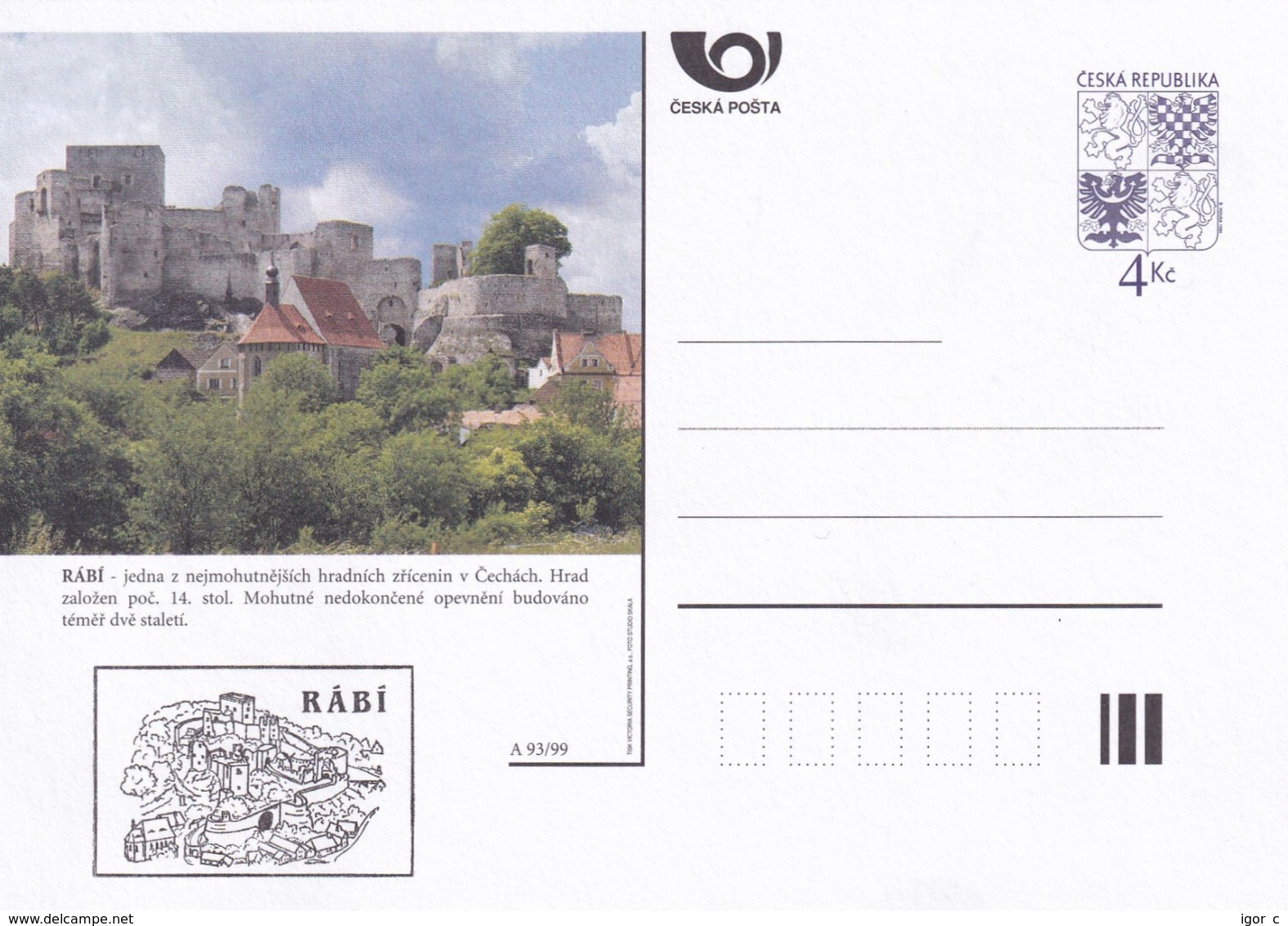 Czech Republic 1999 Postal Stationery Card: Architecture Castle Lion Eagle; PRAHA: RABI A93/99; - Sonstige & Ohne Zuordnung