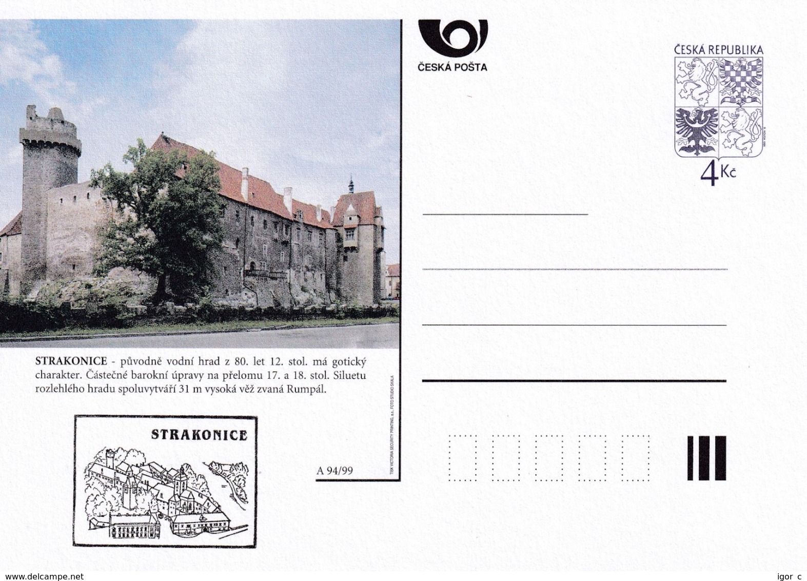 Czech Republic 1999 Postal Stationery Card: Architecture Castle Lion Eagle; PRAHA: STRAKONICE A94/99; - Sonstige & Ohne Zuordnung