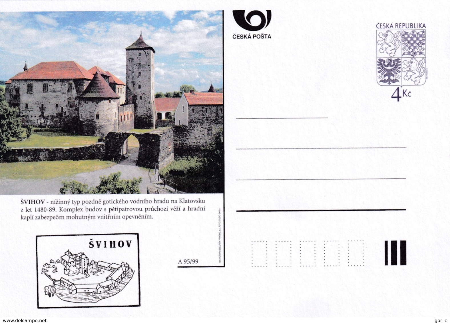 Czech Republic 1999 Postal Stationery Card: Architecture Castle Lion Eagle; SVIHOV A95/99; - Sonstige & Ohne Zuordnung