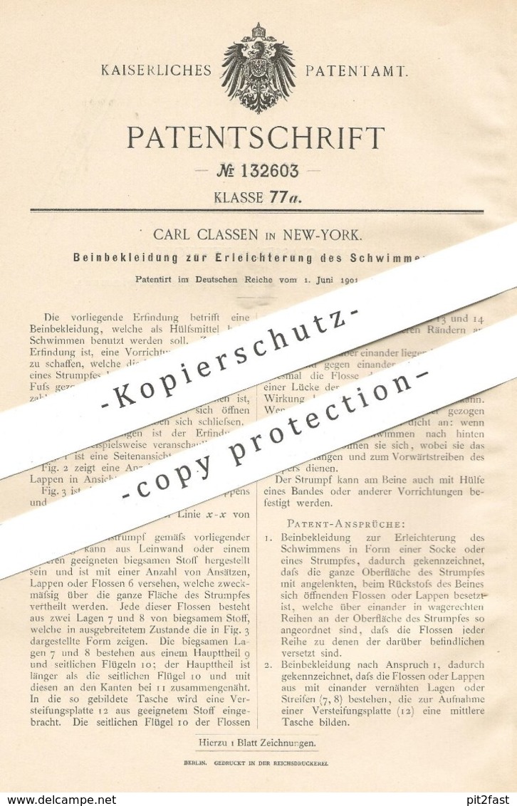 Original Patent - Carl Classen , New York  1901 , Beinbekleidung Zum Schwimmen | Schwimmflosse , Socke , Baden , Tauchen - Historische Dokumente