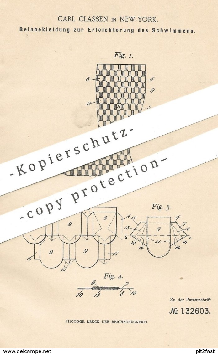 Original Patent - Carl Classen , New York  1901 , Beinbekleidung Zum Schwimmen | Schwimmflosse , Socke , Baden , Tauchen - Historische Dokumente